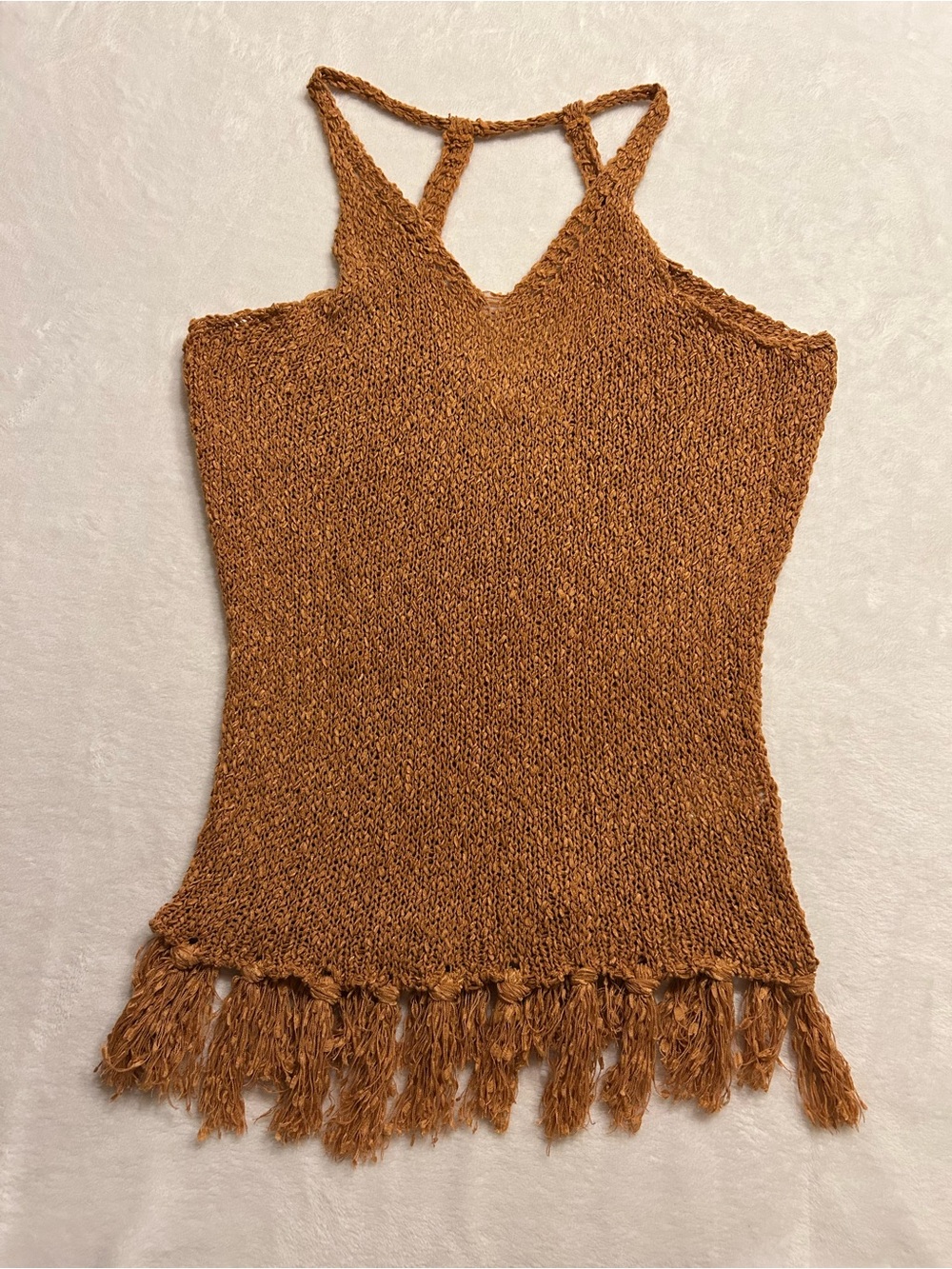 Shyanne Women's Brown Acrylic Open Knit Fringe Hem V-Neck Boho Tank Top Size S